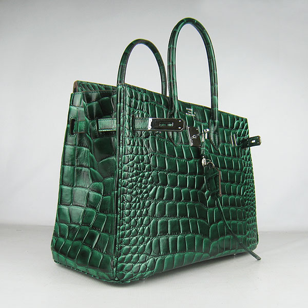 High Quality Fake Hermes Birkin 35CM Crocodile Veins Leather Bag Dark Green 6089